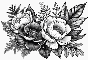 Peony flowers, fern fronds, Cherokee rose, and hellebores tattoo idea