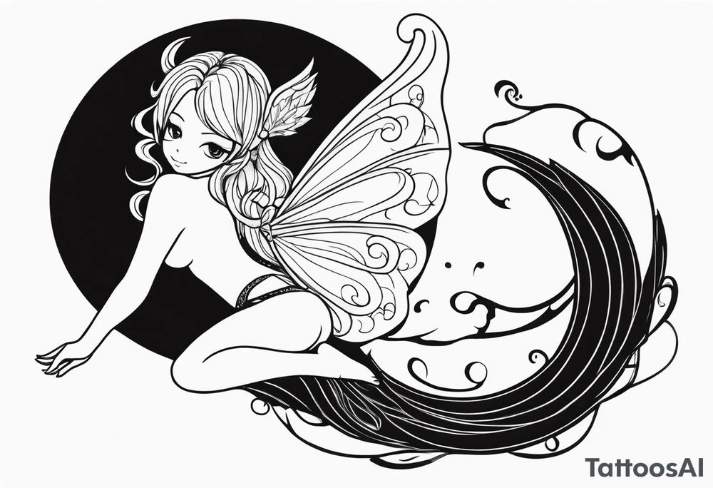 A fairy with a tail inspired by the logo of the show called Fairy Tail in a fetal position leaning in tattoo idea