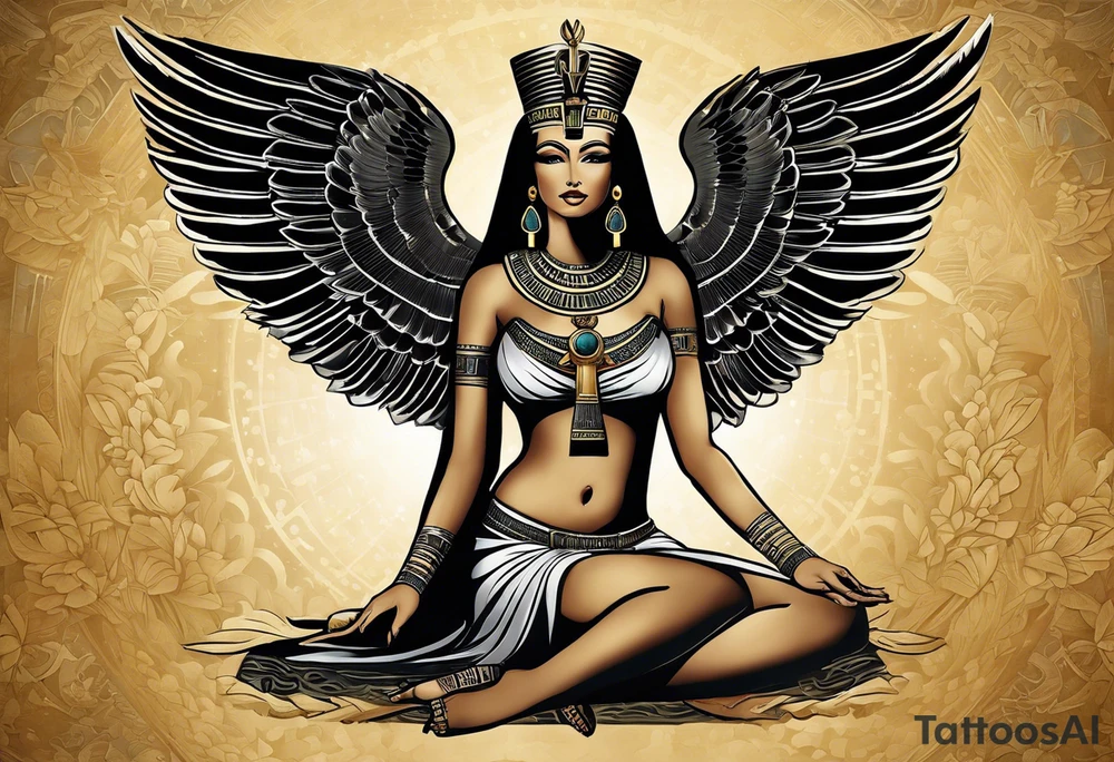 Egyptian goddess Isis, who is often depicted as a woman with outstretched wings, holding an ankh (a symbol of life) in one hand and a lotus flower in the other. Her headdress often includes a throne or a solar disk. The tattoo design can vary in style and size, but it typically aims to capture the essence of this revered Egyptian deity, emphasizing her beauty, power, and maternal qualities. The choice of colors and additional elements can also be customized to create a unique and visually striking representation of the goddess Isis. tattoo idea