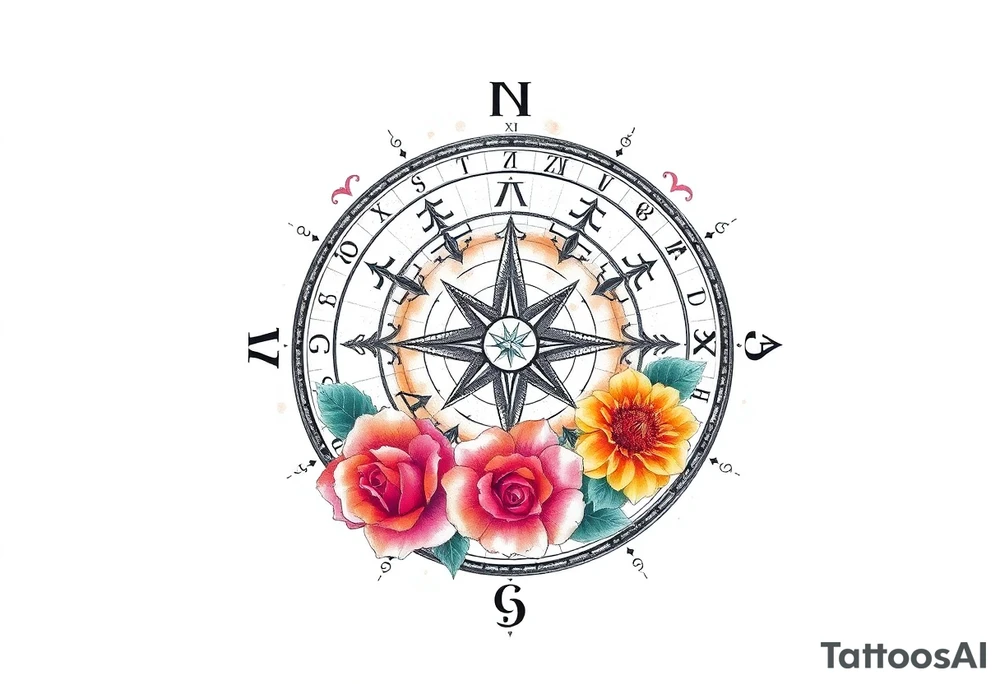 zodiac symbols the elements and Norse runes within ornate compass with roses lilly sunflowers tattoo idea