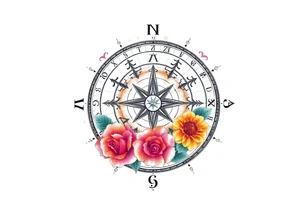 zodiac symbols the elements and Norse runes within ornate compass with roses lilly sunflowers tattoo idea