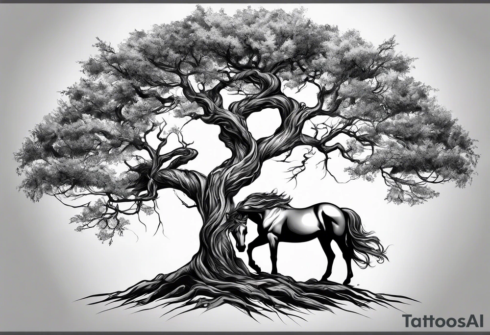 Realistic Horse and Yggdrasil tree tattoo idea