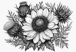 simple wildflower bouquet including thistle with the lyricas "And I won't let me insecurities define who I am" around it tattoo idea