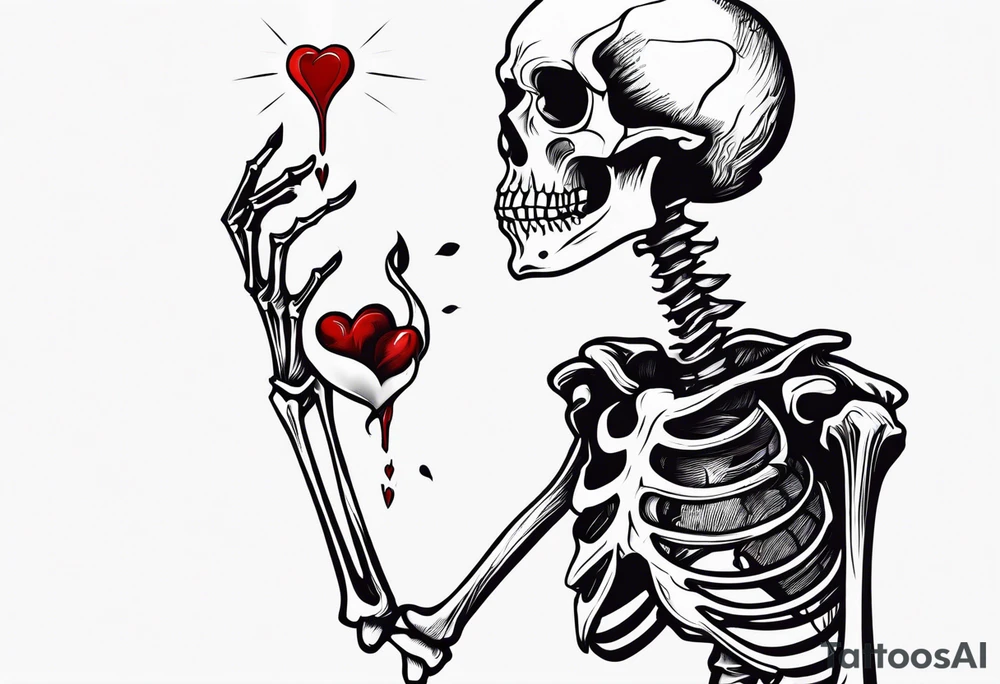 depressed skeleton handing his stabbed heart to someone tattoo idea