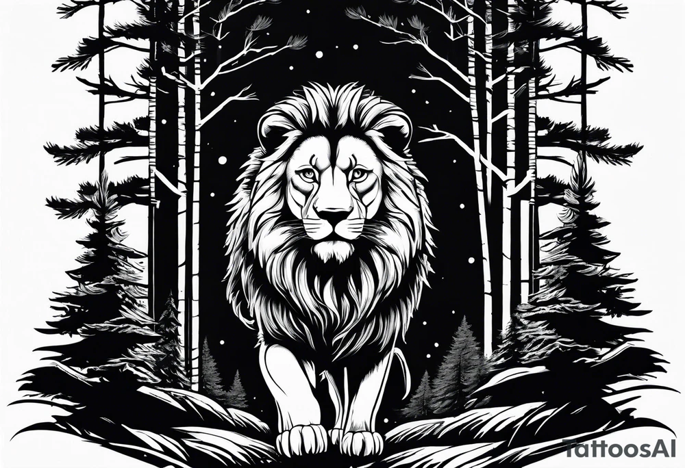 realistic dark pine forest where a small lion is walking into it.  Spiritual component tattoo idea