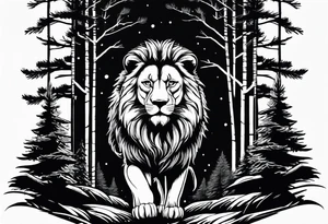 realistic dark pine forest where a small lion is walking into it.  Spiritual component tattoo idea