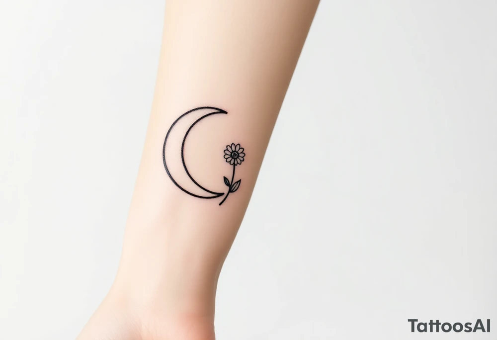 Small black and white tattoo waxing crescent moon with small Daisy birth flower and tiny Leo gliph tattoo idea