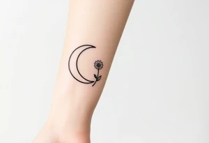 Small black and white tattoo waxing crescent moon with small Daisy birth flower and tiny Leo gliph tattoo idea
