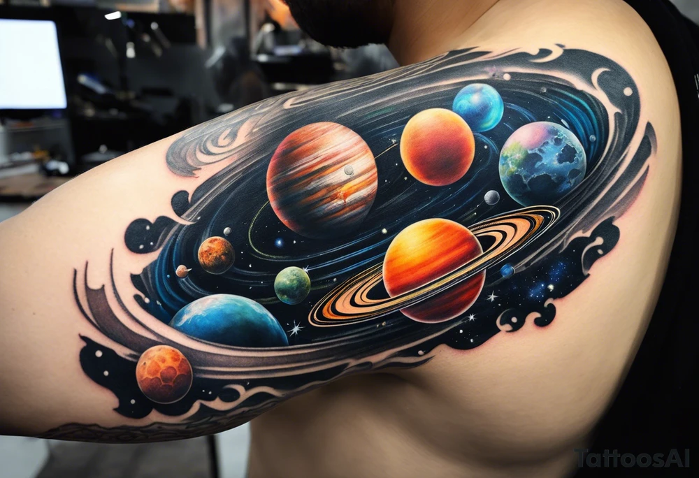 Half sleeve tattoo of planets orbiting a black hole. tattoo idea