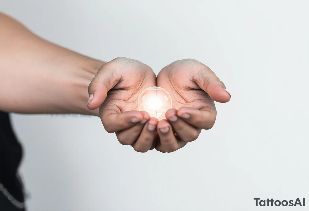 Two hands carefully holding a glowing orb of light, soft realistic shading, warm light radiating from the orb, black and gray tattoo style.” tattoo idea