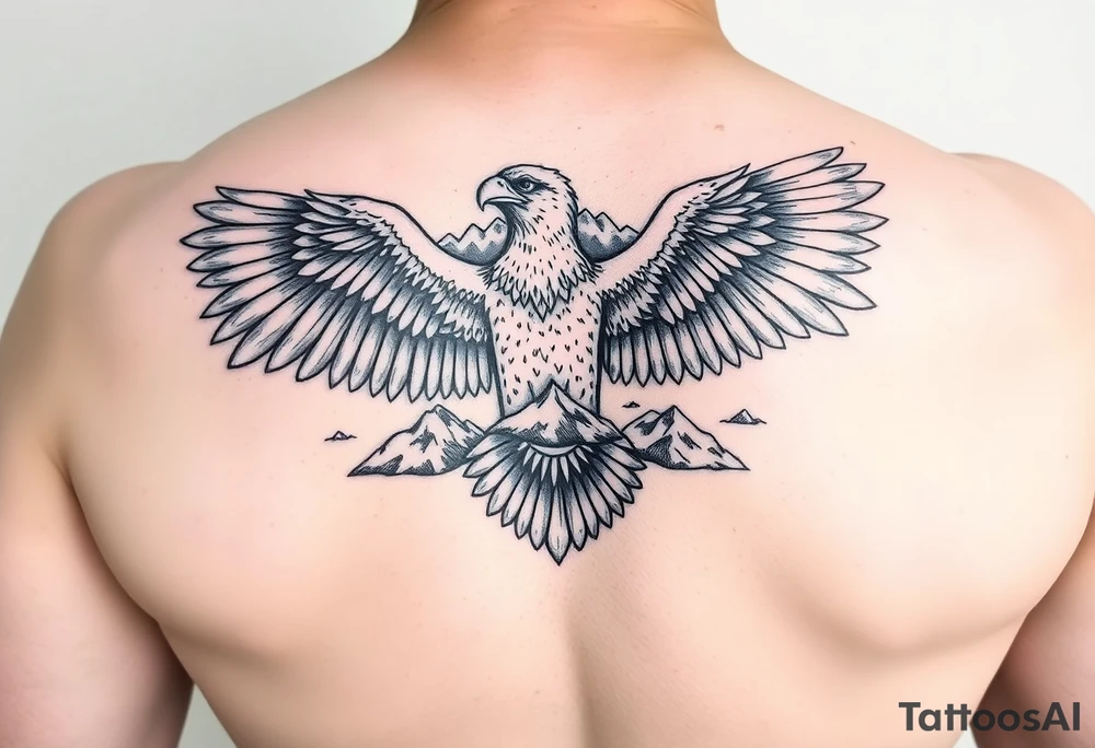 majestic eagle spreading wings against mountain peaks tattoo idea