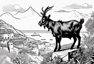 Abadger, a goat and a reindeer on an ark inside the outlines of Map of Mallorca tattoo idea