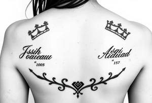 Mother with two sons 1 and half years apart ideas for a women In cursive writing in side crowns the names Josiah the othe Adian and thier days numbers in roman numerals tattoo idea