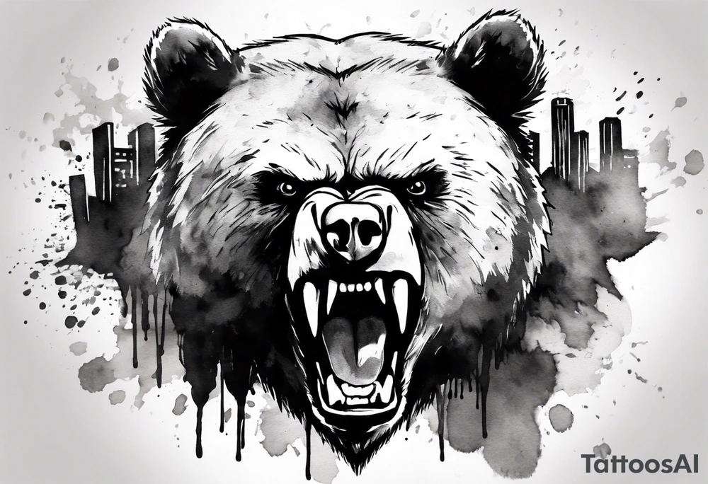 Angry bear coming up behind a city tattoo idea