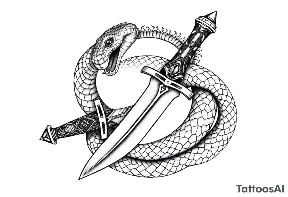 mystical snake coiled around an ancient dagger with jeweled hilt tattoo idea