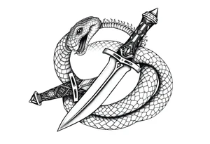 mystical snake coiled around an ancient dagger with jeweled hilt tattoo idea