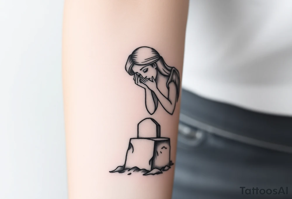 Beautiful woman angel crying on a tombstone tattoo idea