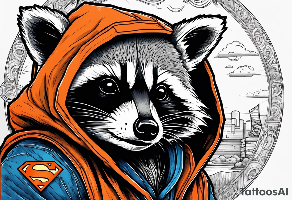 Raccoon wearing an orange Superman hoodie tattoo idea