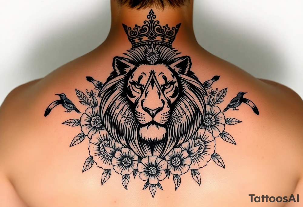 powerful majestic lion with a crown, surrounded by floral ornaments and birds tattoo idea