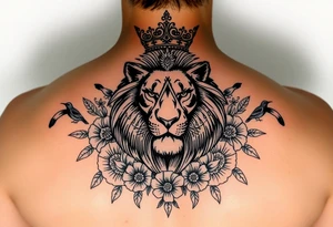 powerful majestic lion with a crown, surrounded by floral ornaments and birds tattoo idea