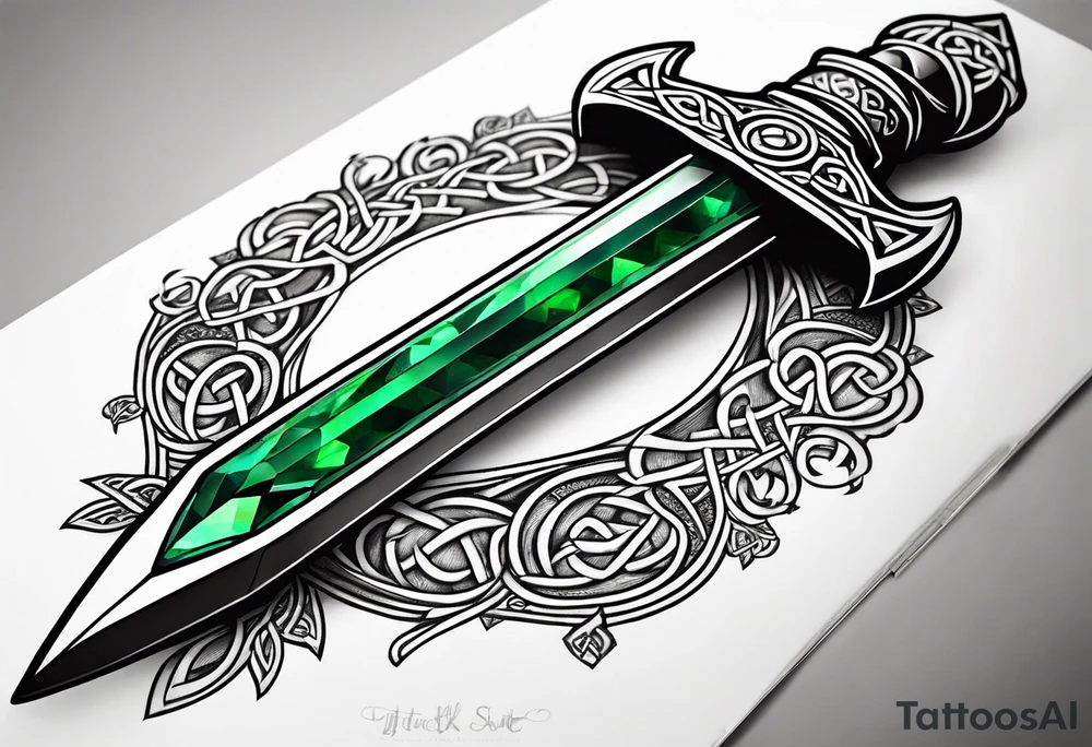 A Celtic dagger with an oak hilt turned upright and emerald gemstones on it tattoo idea