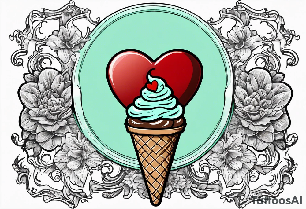 mint chocolate chip ice cream cone with small red heart on it somewhere. tattoo idea