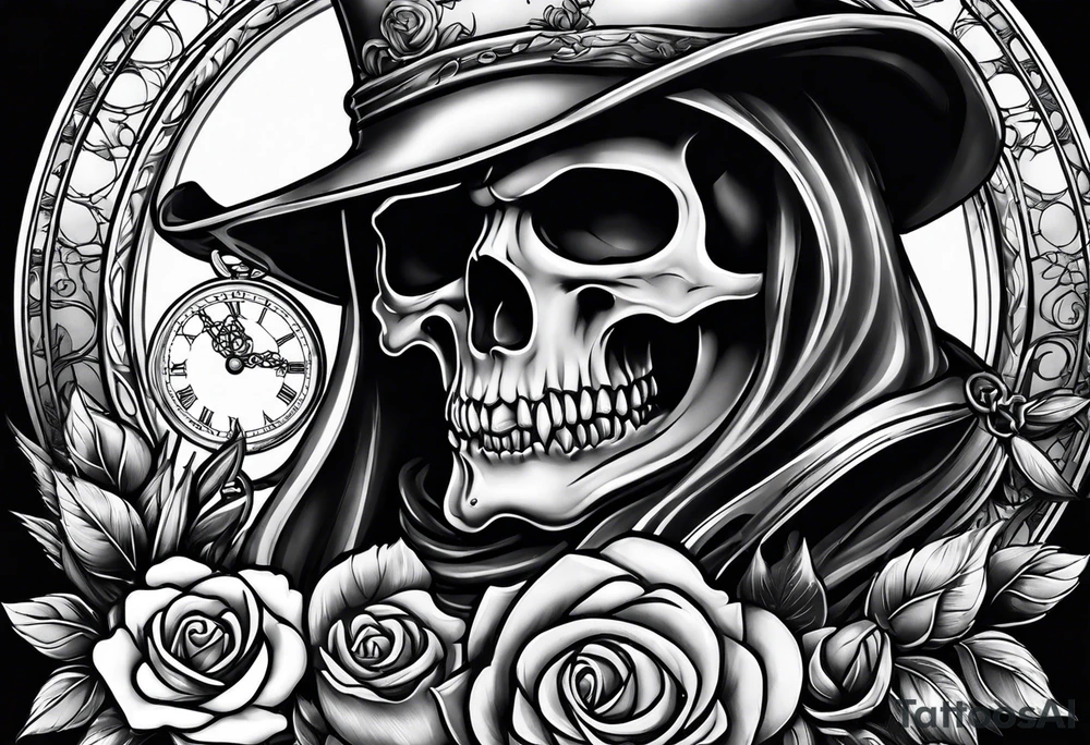 Reaper with roses and pocket watch tattoo idea