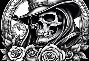 Reaper with roses and pocket watch tattoo idea