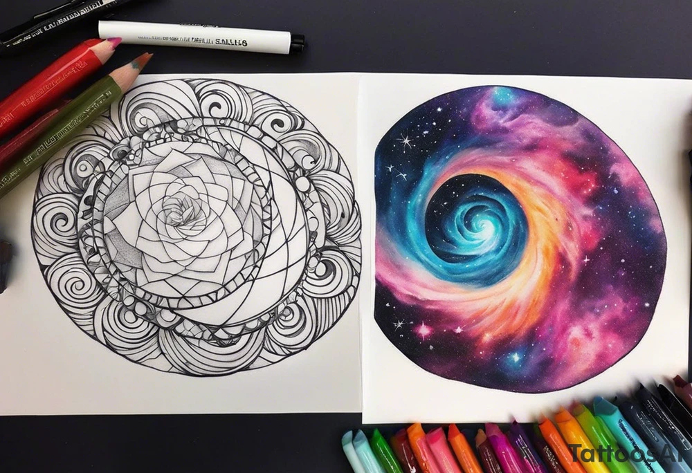 I want a spiral nebula space galaxy tattoo that's colorful and bright and cute and is nice to look at I don't want a traditional circle I want it like the ones thay look like an s shape and this tattoo will be on my left buttcheek and light colors I want more spread and less circle tattoo idea