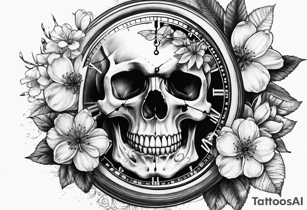 Stopwatch skull and cherry bloom tattoo idea