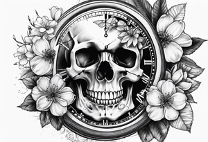 Stopwatch skull and cherry bloom tattoo idea