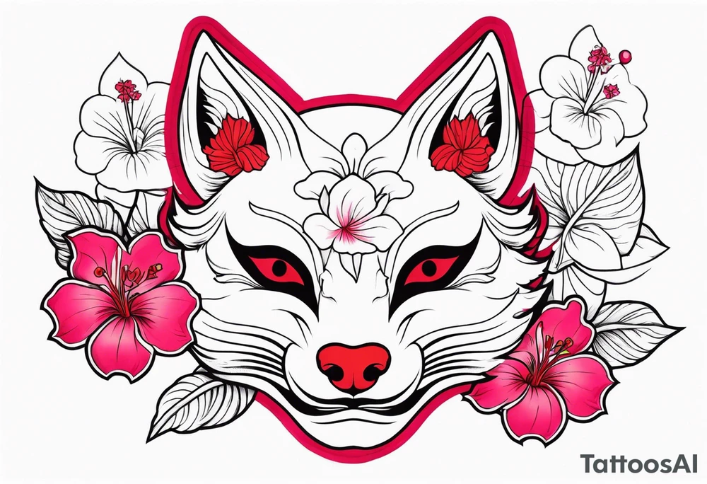 White japanese mask that looks like a kitsune with red accents and pink hibiscus flowers tattoo idea