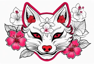 White japanese mask that looks like a kitsune with red accents and pink hibiscus flowers tattoo idea