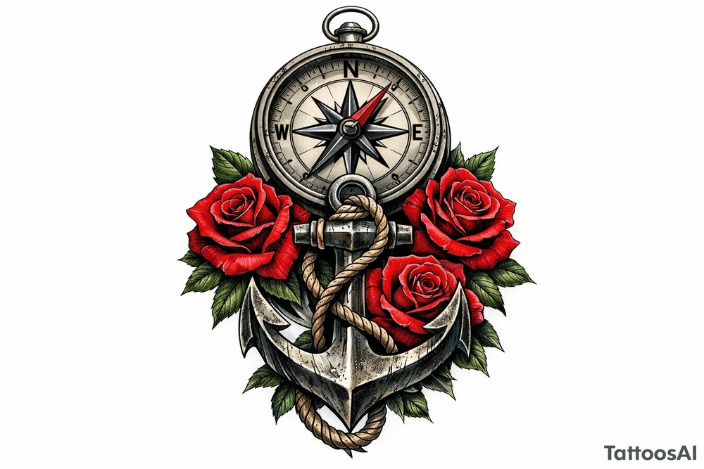 a compass under it an anchor and roses. tattoo idea