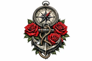 a compass under it an anchor and roses. tattoo idea