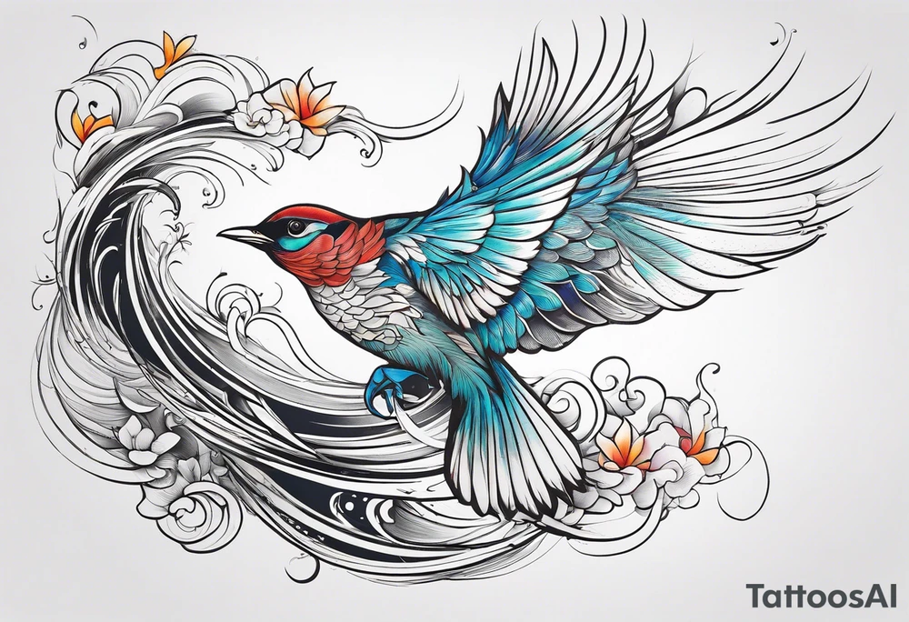 Flying birds on shoulder blade, medium size, with flowing lines tattoo idea