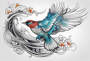 Flying birds on shoulder blade, medium size, with flowing lines tattoo idea