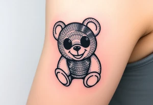 minimalist teddy bear with vinyl records as eyes smiling and sitting on a record tattoo idea