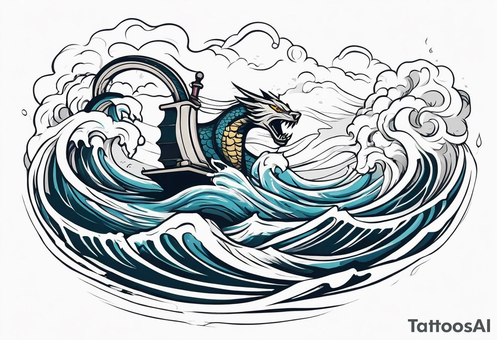 thor fighting sea serpent in the ocean during a hurricane tattoo idea