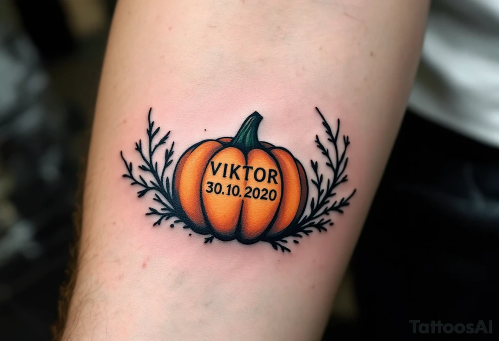 Viktor 30. 10. 2020 – A dark forest green and burnt orange pumpkin design, surrounding Viktor's birthdate, with black vine details for a spooky touch. tattoo idea
