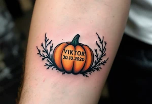 Viktor 30. 10. 2020 – A dark forest green and burnt orange pumpkin design, surrounding Viktor's birthdate, with black vine details for a spooky touch. tattoo idea
