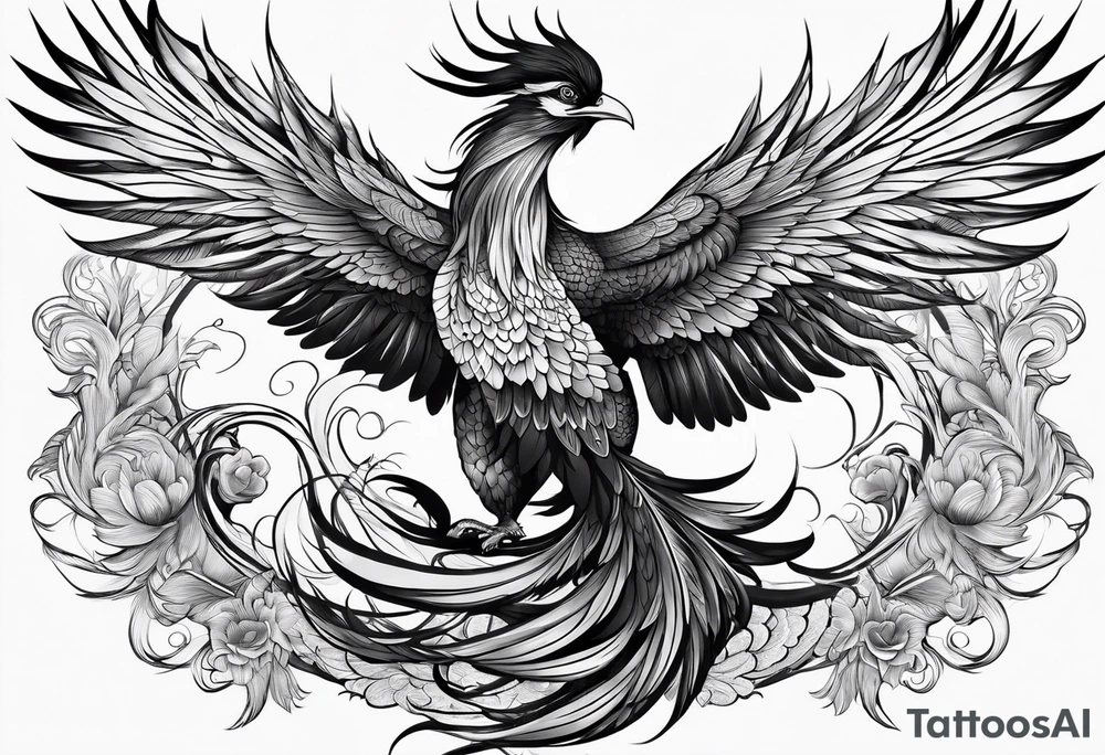 asian elegant long feathered phoenix
with a long neck, with short wings, majestic tattoo idea