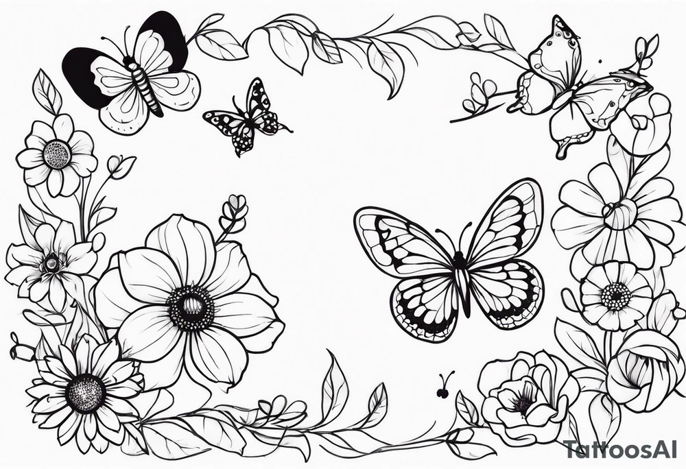 flowers with butterflies and ladybugs tattoo idea