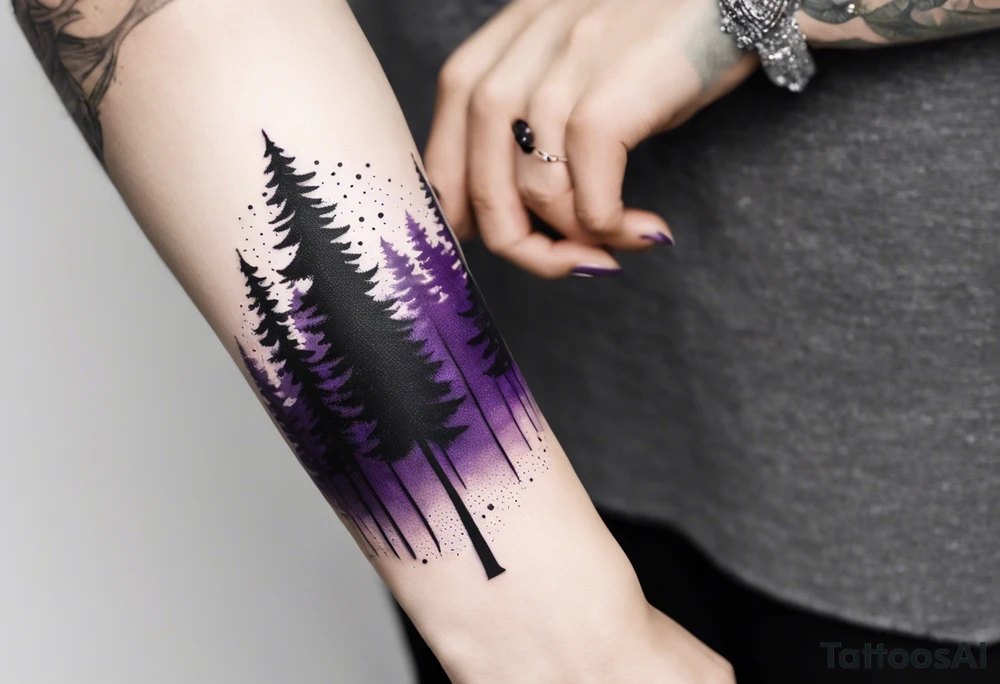 forest, abstract, on hand, no people, purple and black, full, whole wrist wrapped tattoo idea
