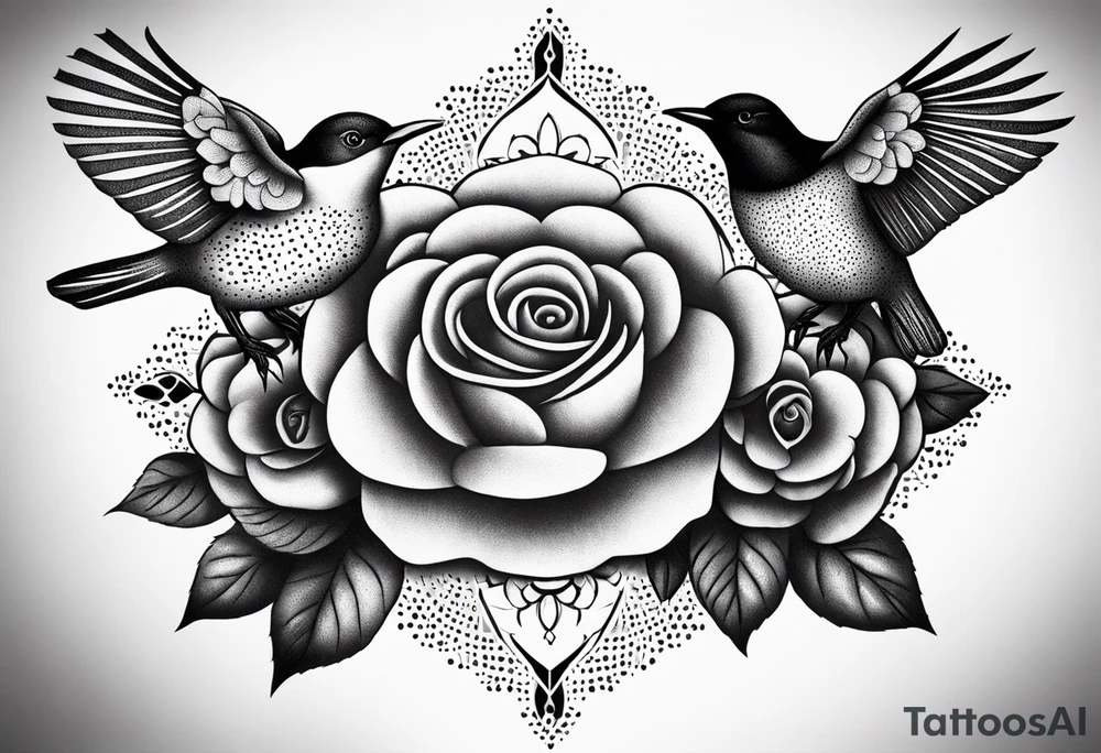 Birds and Roses dot work mandala tattoo idea