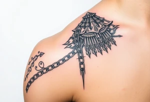 Huge shoulder tattoo of chainmail and plate armor tattoo idea