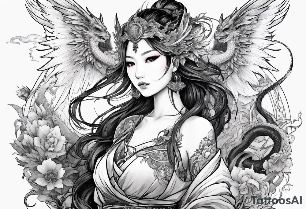 beautiful warrior nymph with dragon wings and dragon friends tattoo idea