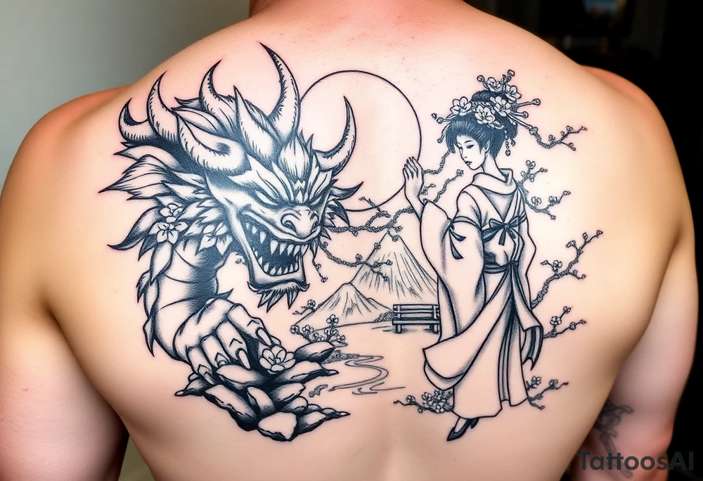 Mighty Fierce Japanese demon and strong courageous geisha with cherry blossom tree river and stone bench mt fuji tattoo idea