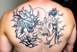 Mighty Fierce Japanese demon and strong courageous geisha with cherry blossom tree river and stone bench mt fuji tattoo idea