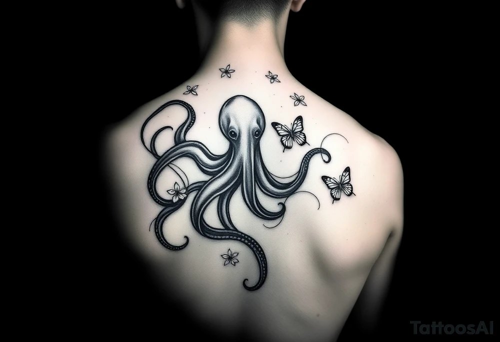 abstract tattoo design, flowing black fine lines, elegant minimalistic linework, psychedelic swirls like gasoline or oil floating on water, iridescent texture implied but in pure black ink, delicate organic curves, vapor-like trails, non-literal and surreal, suggestion of an octopus hidden in fluid tentacle-like lines, not a real octopus, just subtle illusion, abstract marine motion, with minimalist butterflies and flowers seamlessly integrated into the flowing pattern, modern feminine tattoo style, graceful and airy, inspired by Pis Saro and Balazs Bercsenyi, hint of nature and ocean depth, hypnotic and dreamlike, ink diffusion aesthetics, no solid fills, ethereal line-only design tattoo idea